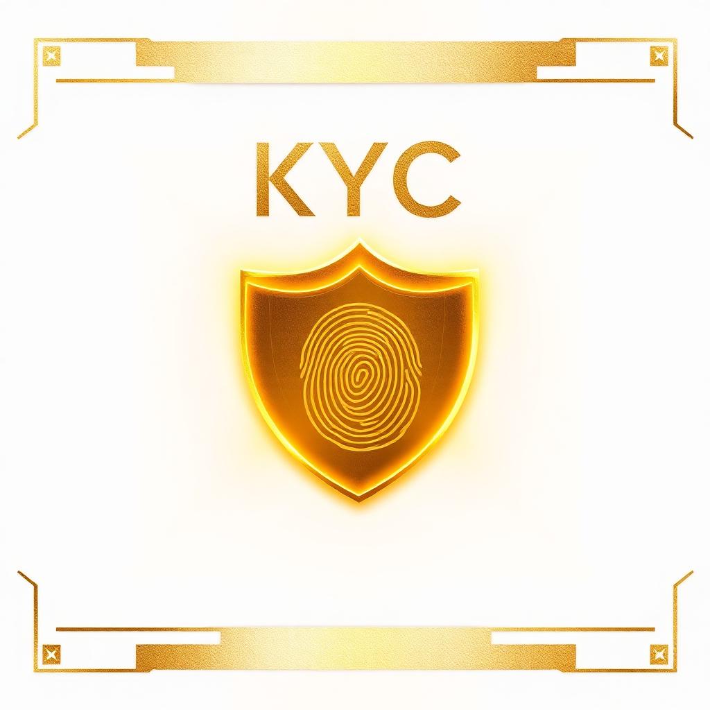 Gold KYC verification shield with fingerprint on white background
