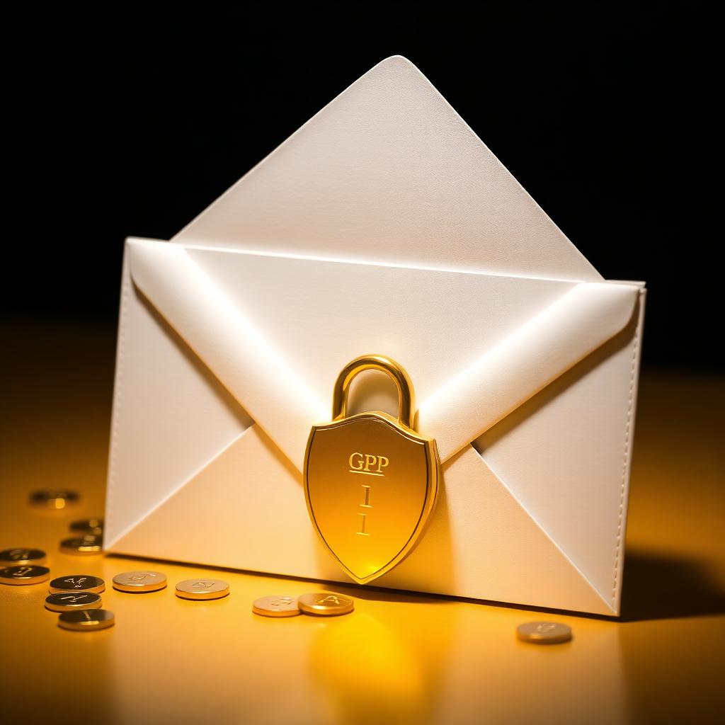 White envelope with gold lock and coins on dark background