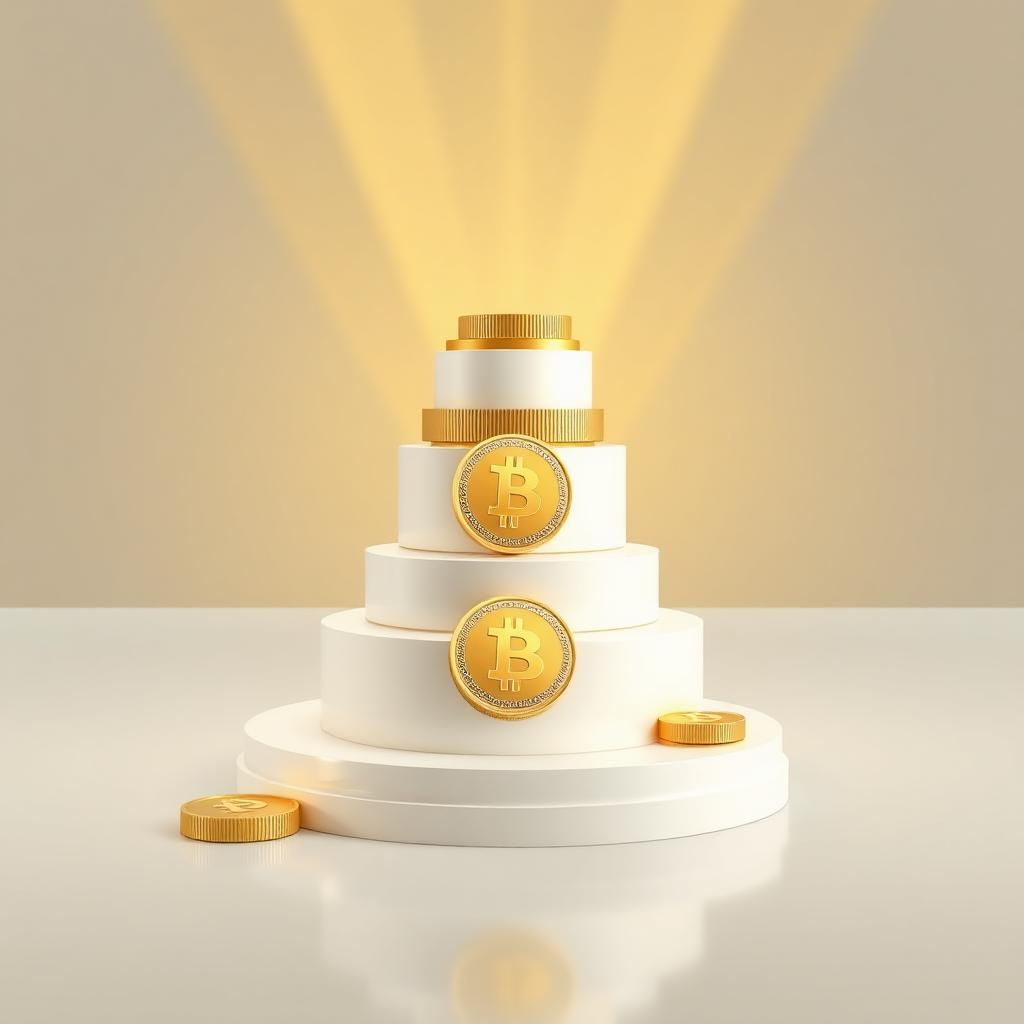 Layered gold Bitcoin coin tiers on white podium