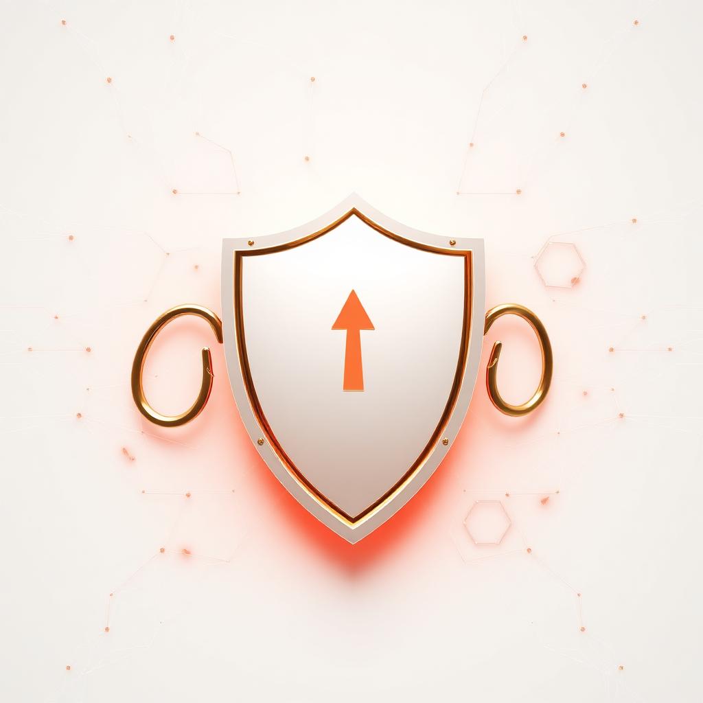 Gold shield deflecting phishing hooks on white background