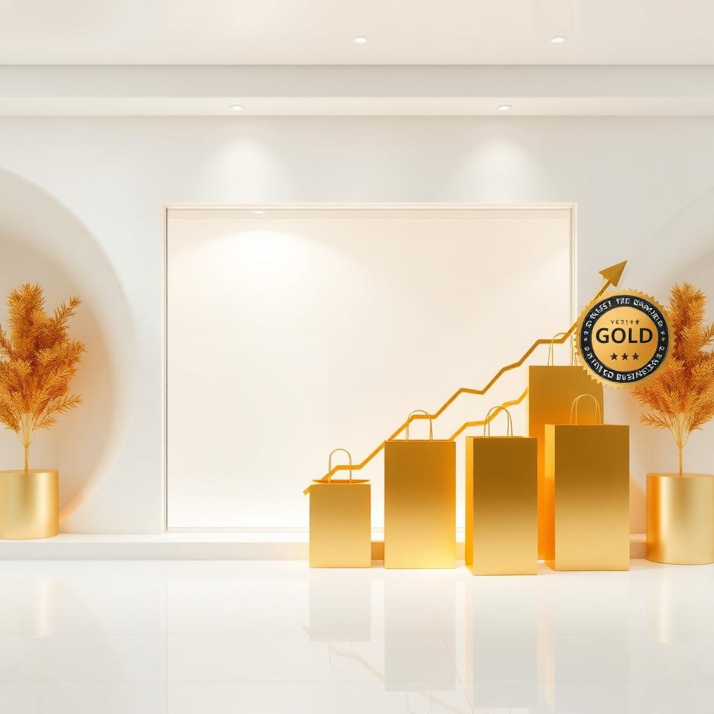 Gold shopping bags and growth chart with verified badge