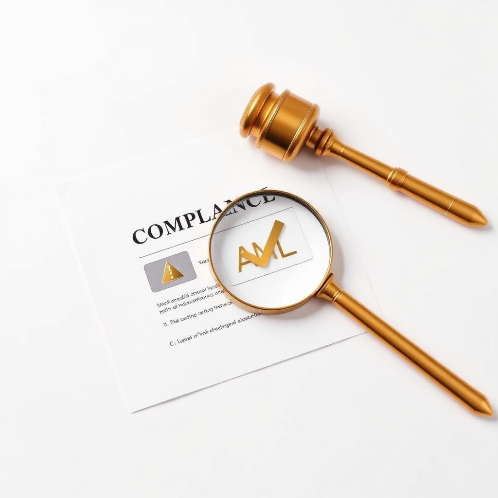 Gold gavel and magnifier over AML compliance document