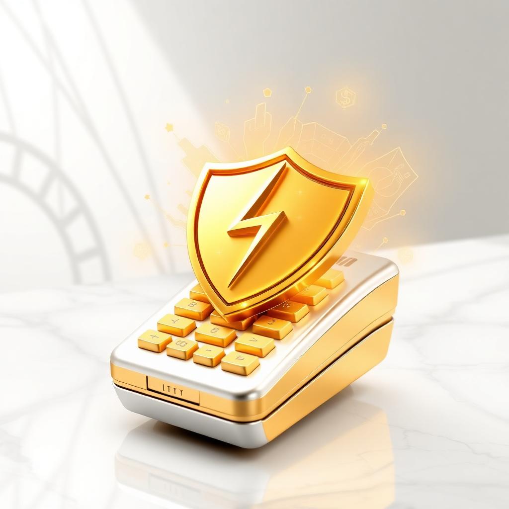Gold payment terminal with lightning shield on marble
