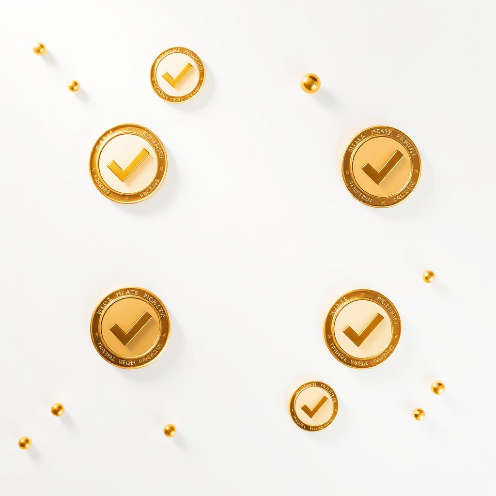 Gold verified checkmark coins on white background